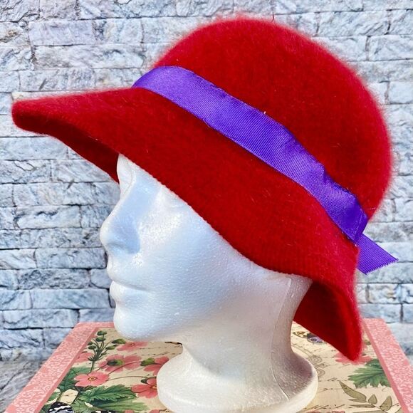 Vintage Red Wool & Angora Blend Hat Purple Ribbon Accents Angel - Picture 3 of 5